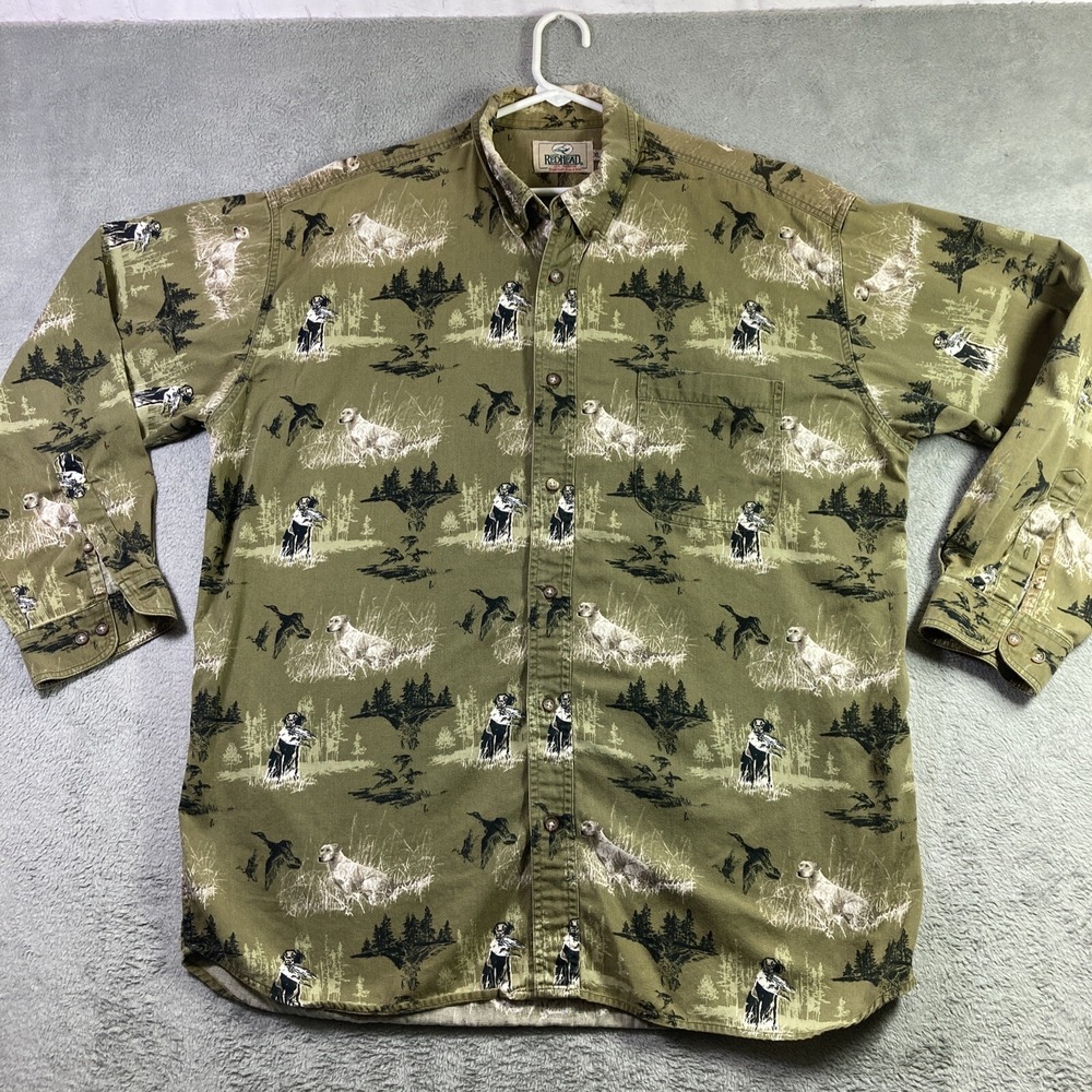 All Over Print Shirt Men XL Duck Hunting Dogs Wildlife Button Down Redhead LS